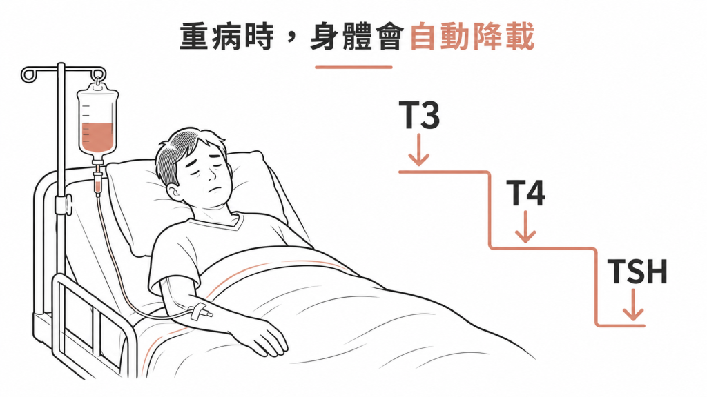 非甲狀腺疾病症候群示意圖:重病時 T3 先下降、接著 T4、最後 TSH 也降