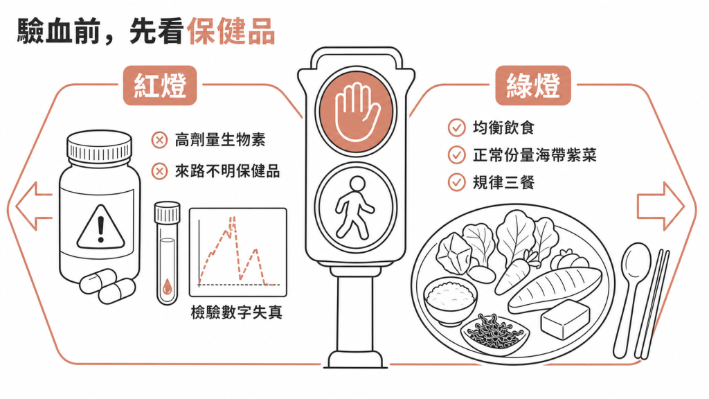 驗血前保健品紅綠燈:高劑量生物素與來路不明保健食品會讓檢驗數字失真,均衡飲食與正常份量海帶紫菜安全