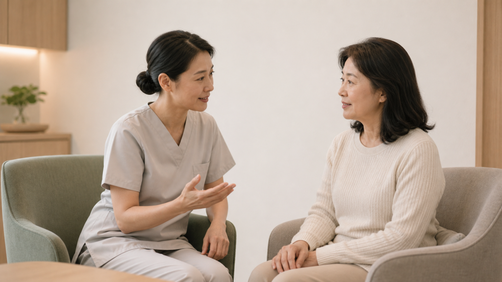 醫護人員在檢查前與受檢者說明舒眠麻醉的流程與注意事項