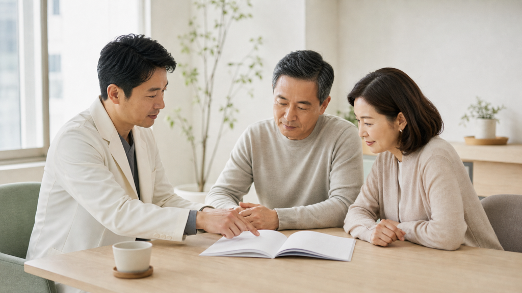 家庭醫學科醫師與一對五十多歲夫妻面對面逐頁解說健康檢查報告