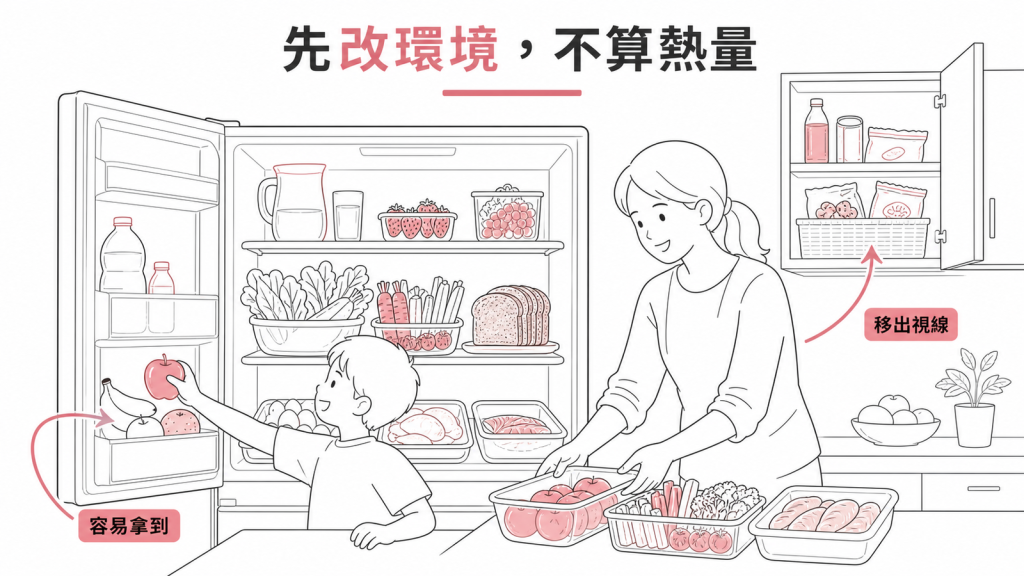 飲食先改家裡的環境,健康食物容易拿到、零食移出視線,不必逐口計算熱量