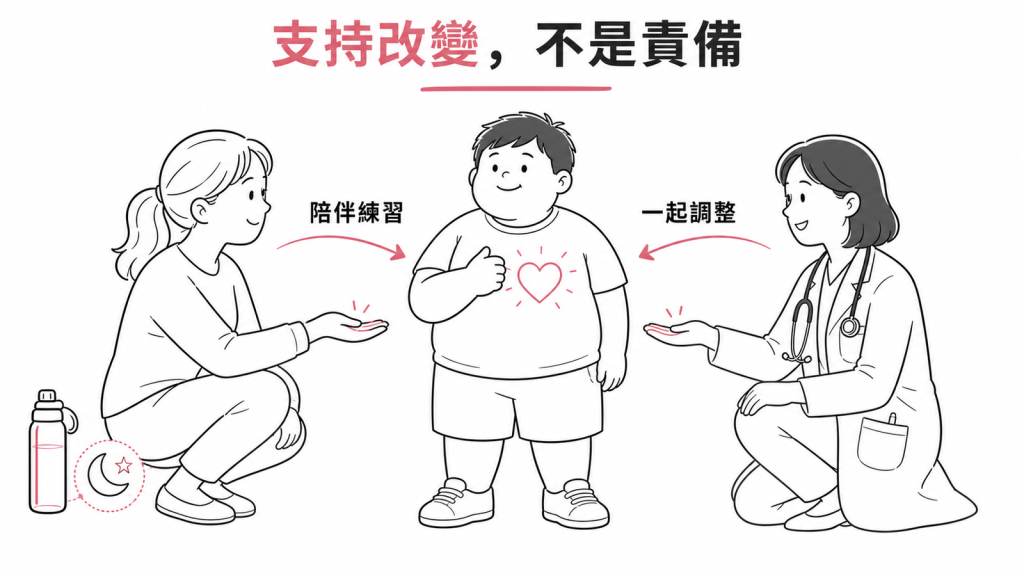 治療靠家長陪伴練習與醫療團隊一起調整,支持改變而不是責備