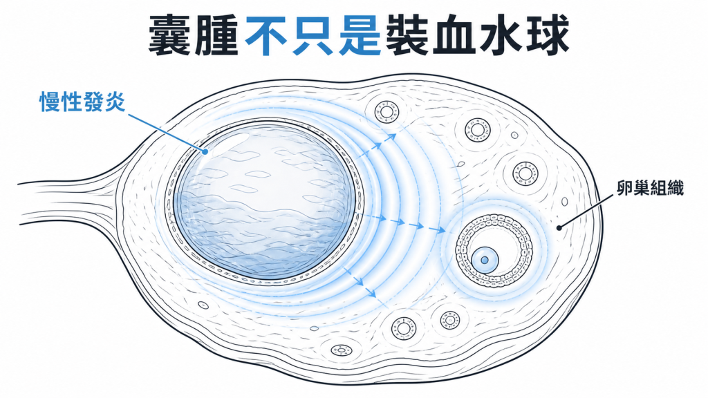 巧克力囊腫是可能影響周邊卵巢組織的慢性發炎中心