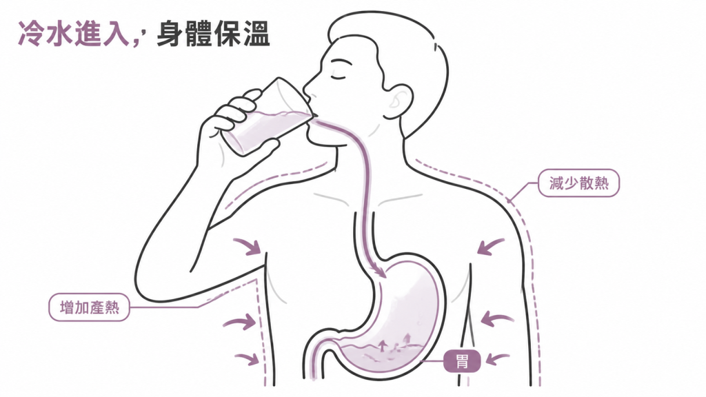 冷水進入胃部後,身體增加產熱並減少散熱的示意圖