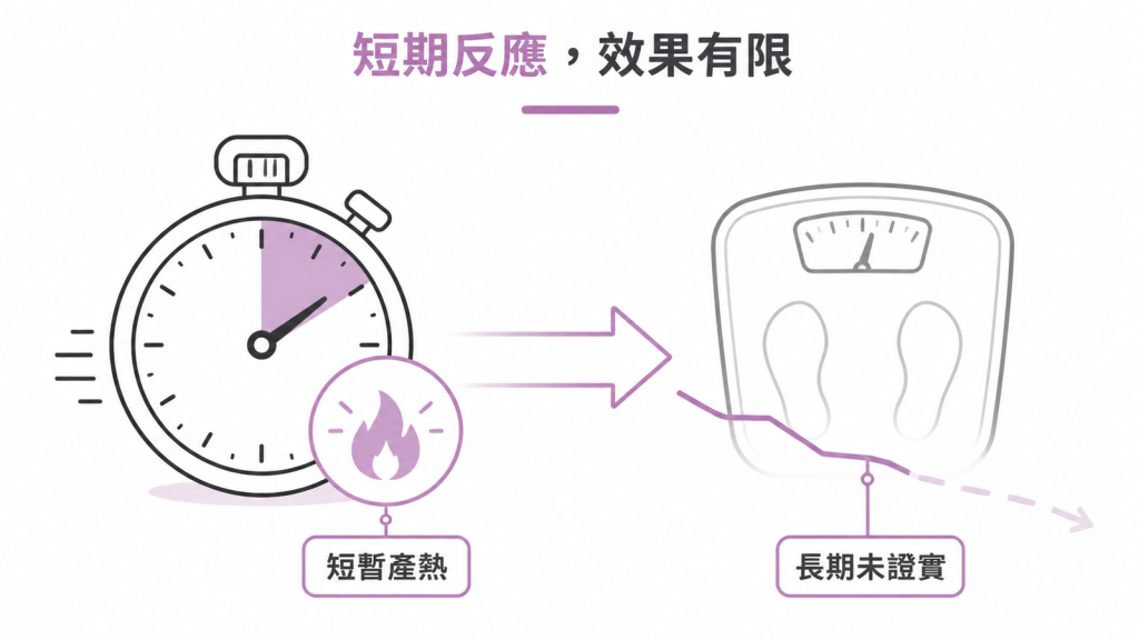 短期產熱反應與長期減重成果差距的示意圖