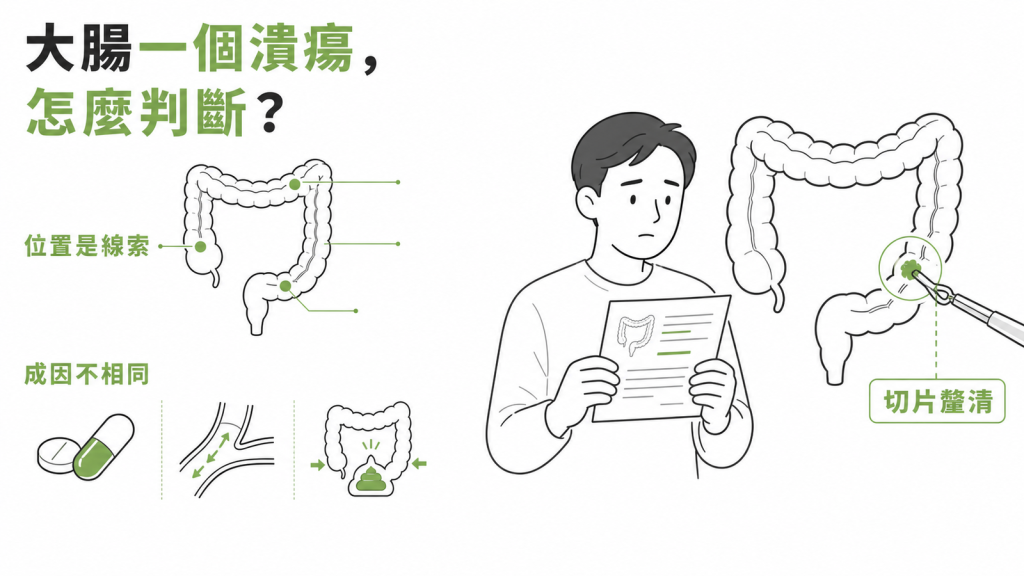 大腸潰瘍判讀資訊圖:孤立性潰瘍的位置線索、不同成因與切片釐清