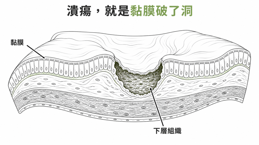 大腸黏膜破損形成潰瘍的剖面示意圖
