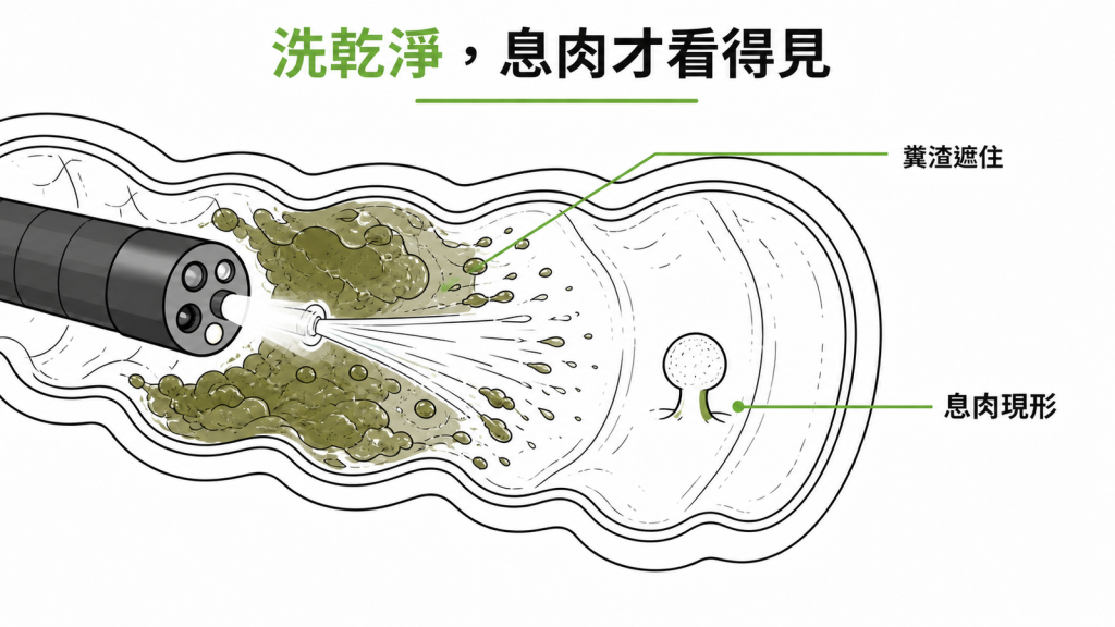 腸道殘留糞渣會遮住息肉,清腸乾淨後息肉才在內視鏡下現形