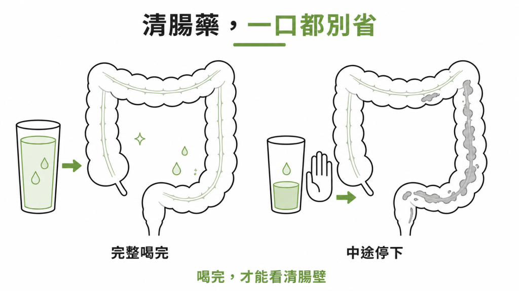 清腸藥完整喝完腸壁乾淨,中途停下則殘留糞渣蓋住黏膜