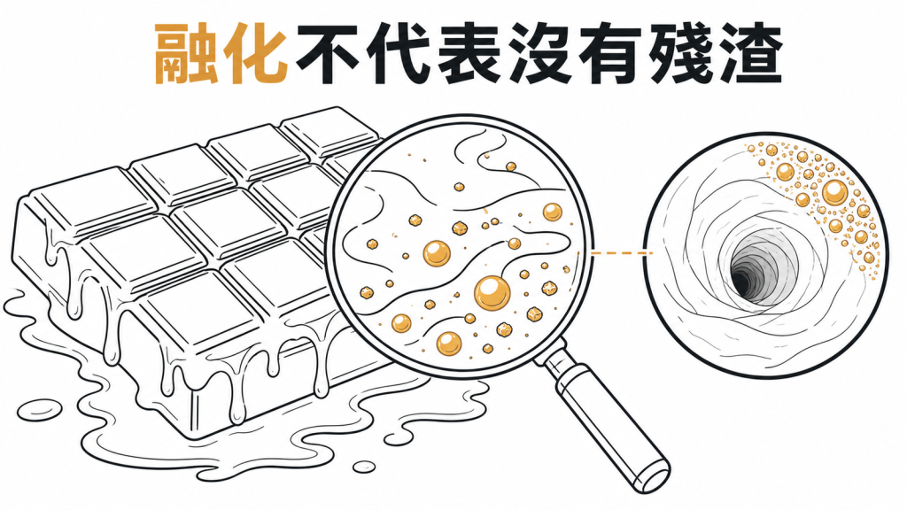 巧克力融化後仍可能留下油脂與細小殘渣