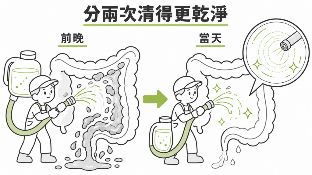 分兩次清腸,前一晚先清大部分,檢查當天再收尾