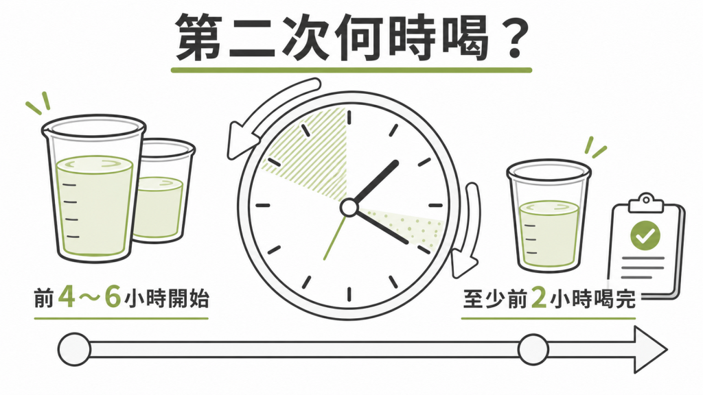 第二次清腸藥在檢查前 4 至 6 小時開始並至少提前 2 小時喝完