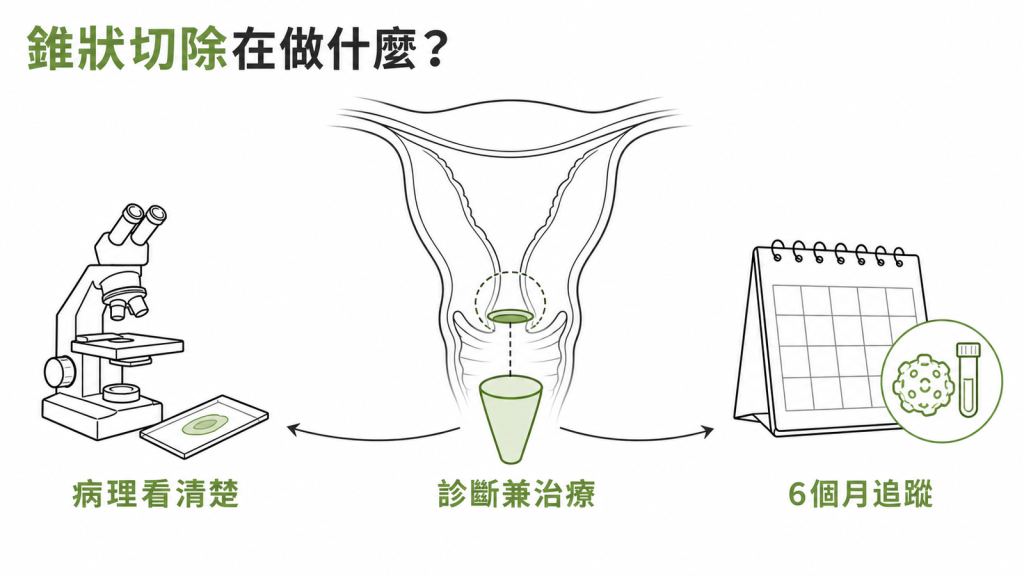 子宮頸錐狀切除同時是診斷與治療,切下圓錐形組織送病理判讀、術後 6 個月追蹤的資訊圖