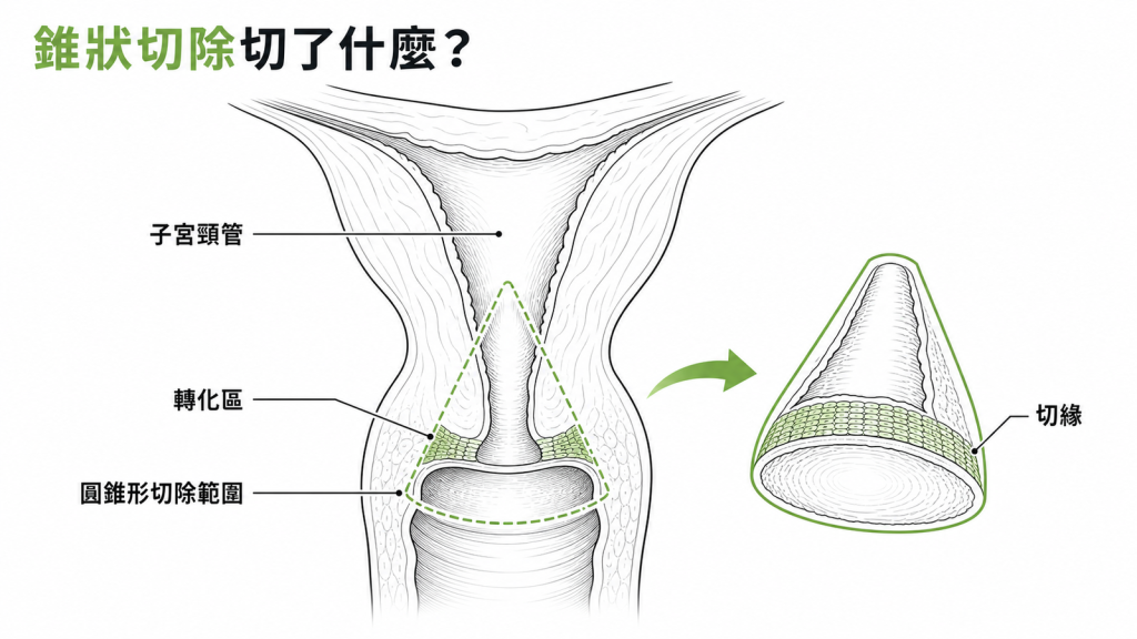 子宮頸錐狀切除範圍示意圖,含轉化區、子宮頸管與病理判讀的切緣
