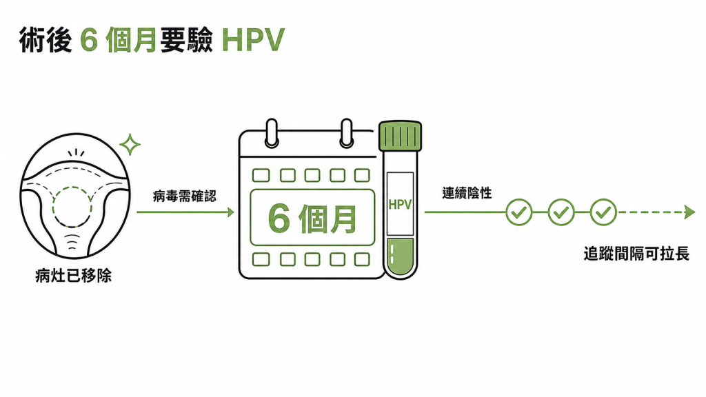 術後 6 個月做 HPV 檢測,連續陰性可拉長追蹤間隔的示意圖