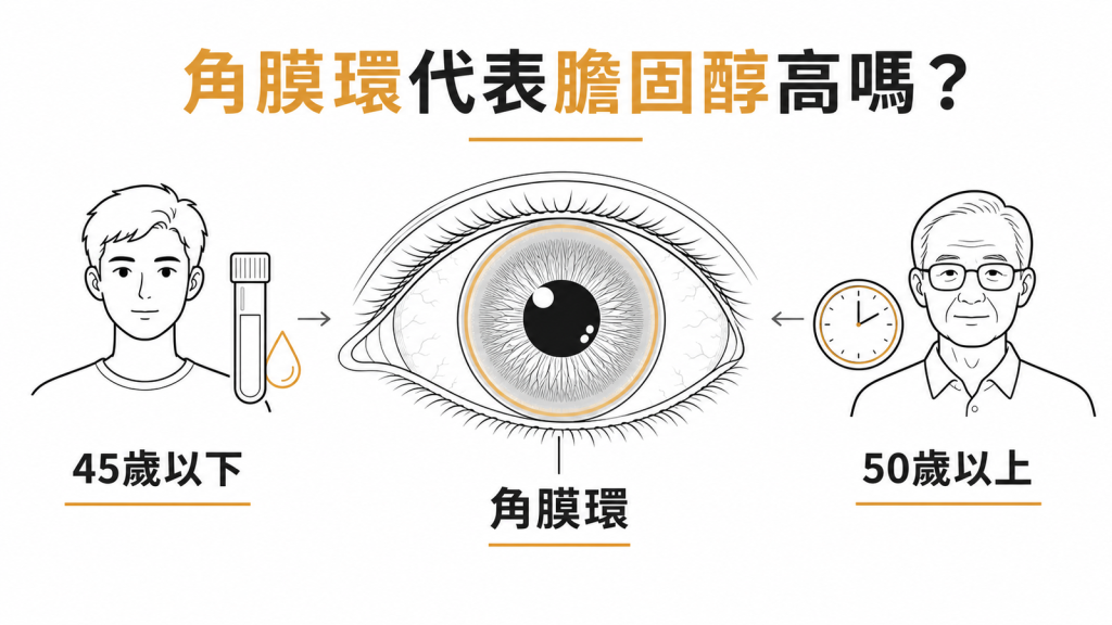 角膜老年環資訊圖:45 歲以下出現要抽血驗血脂,50 歲以上多半與老化有關