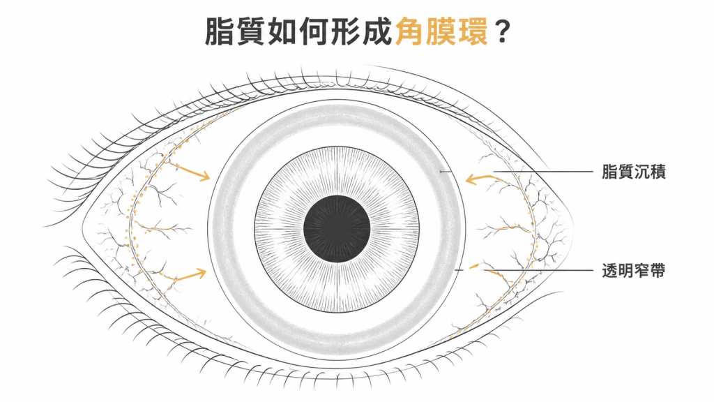 角膜環形成示意圖:脂質從周邊滲入沉積成環,與黑眼珠之間留有一條透明窄帶