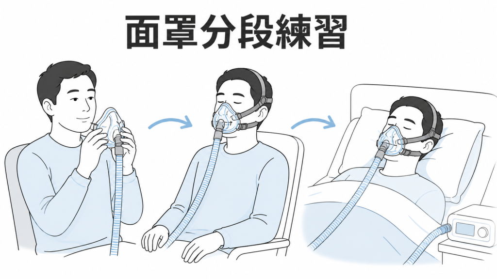 從清醒試戴到睡覺配戴的 CPAP 面罩分段練習
