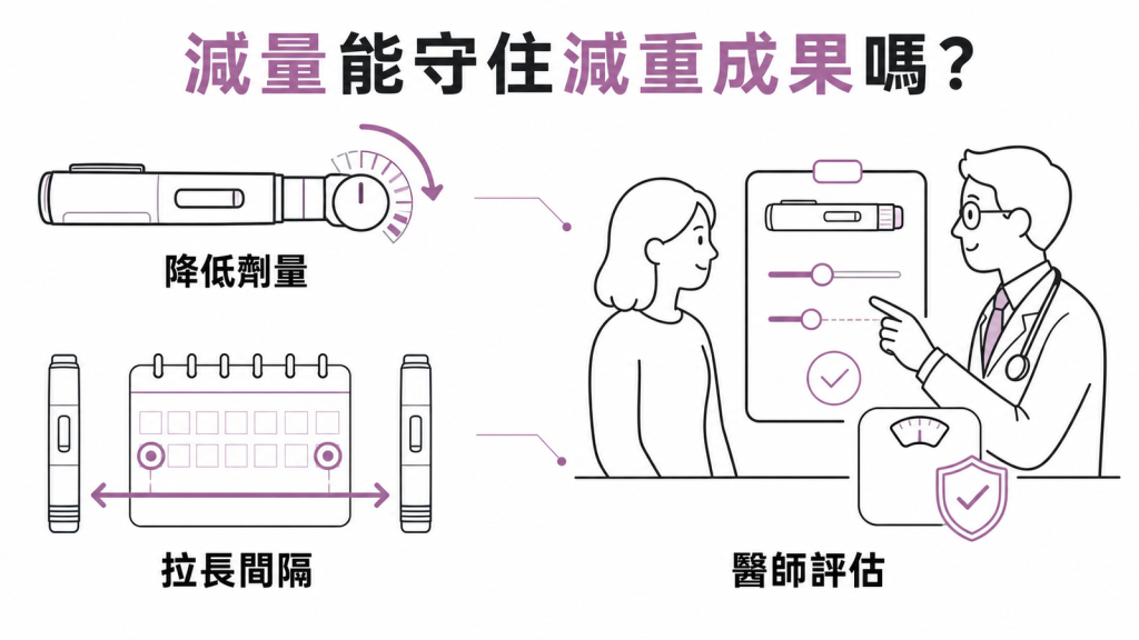 tirzepatide 降低劑量或拉長注射間隔維持減重成果的資訊圖