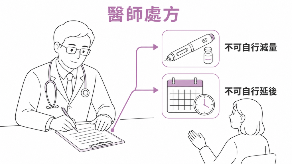 劑量與注射間隔由醫師處方、不可自行減量或延後的示意圖