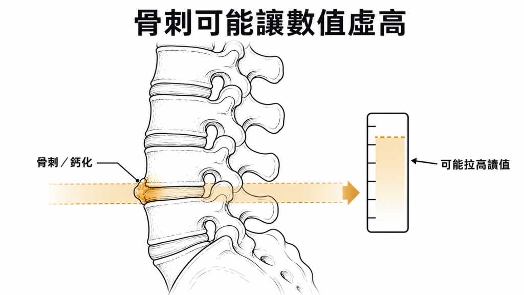 脊椎骨刺或鈣化可能讓 DXA 骨密度讀值偏高