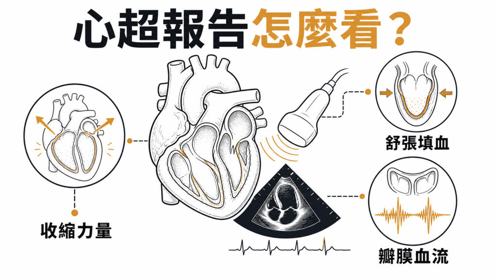 心臟超音波報告的收縮力量、舒張填血與瓣膜血流示意圖