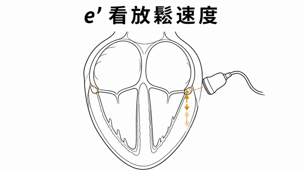 二尖瓣環早期舒張速度 e′ 量測示意圖