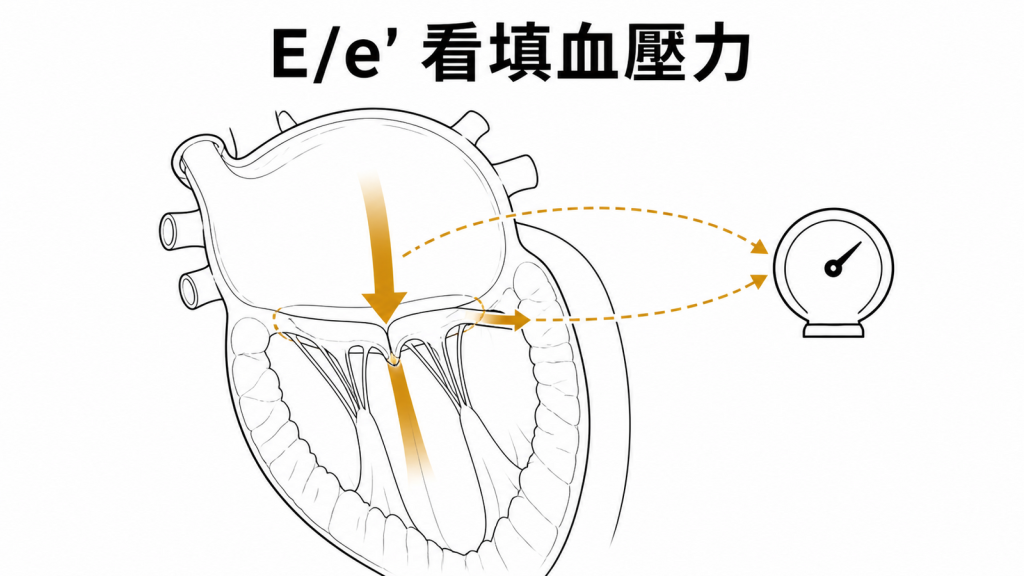 以 E/e′ 估計左心填血壓力示意圖