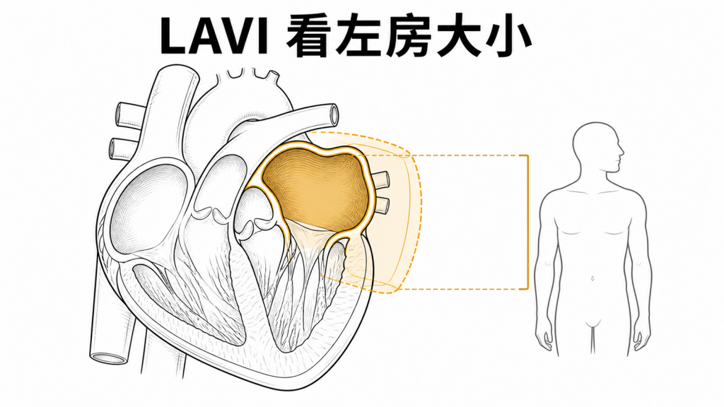 左心房容積指數與左心房擴大示意圖