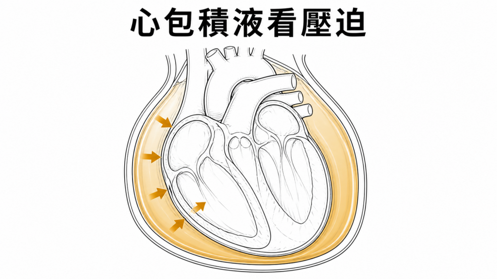 心包積液壓迫心臟腔室示意圖