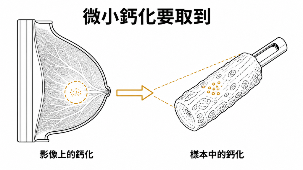影像微小鈣化需在乳房切片組織樣本中取得示意圖