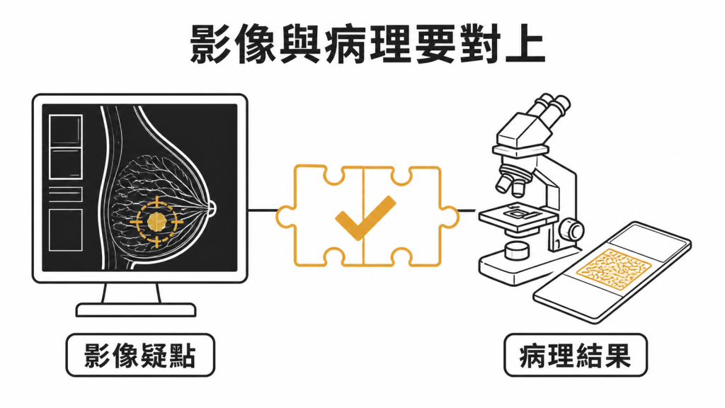 乳房切片後影像疑點與病理結果需要互相對照示意圖