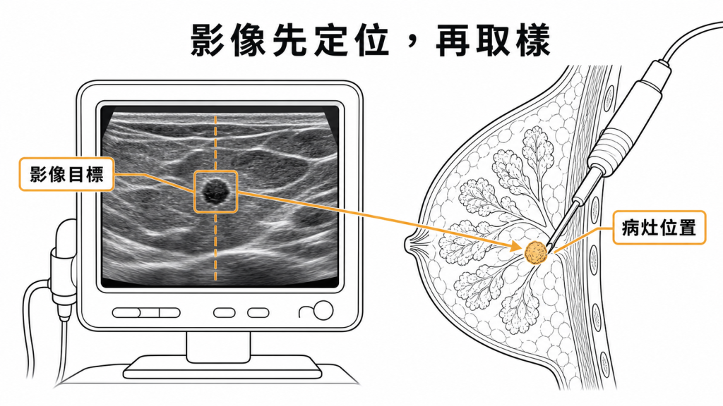 乳房切片先用影像對準病灶位置再取樣示意圖