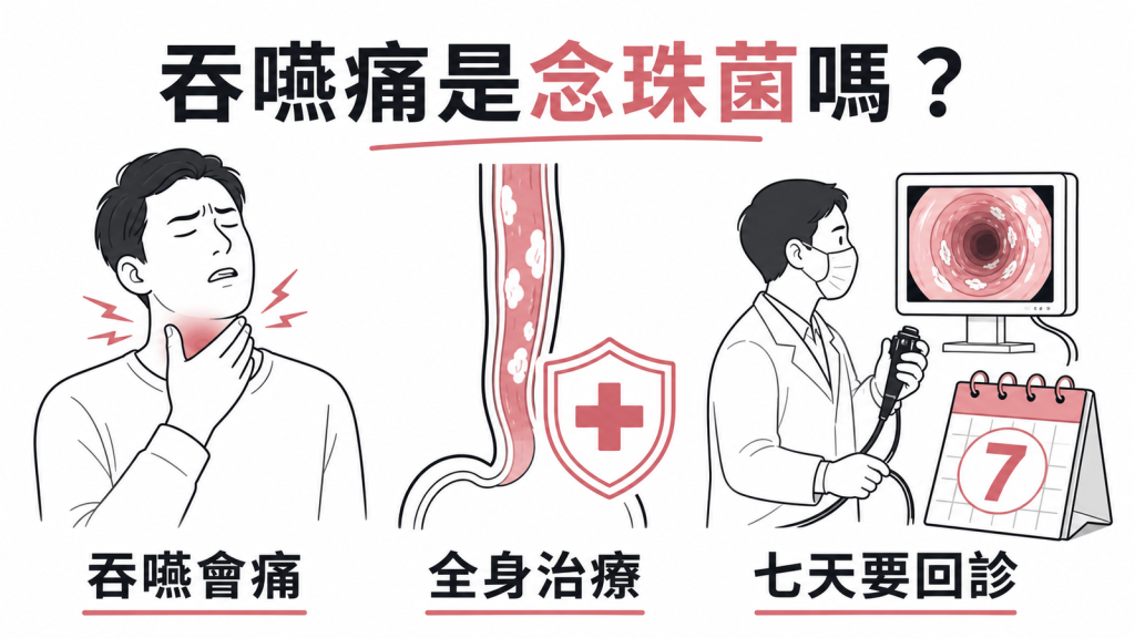 食道念珠菌感染造成吞嚥痛及治療與回診時機圖解