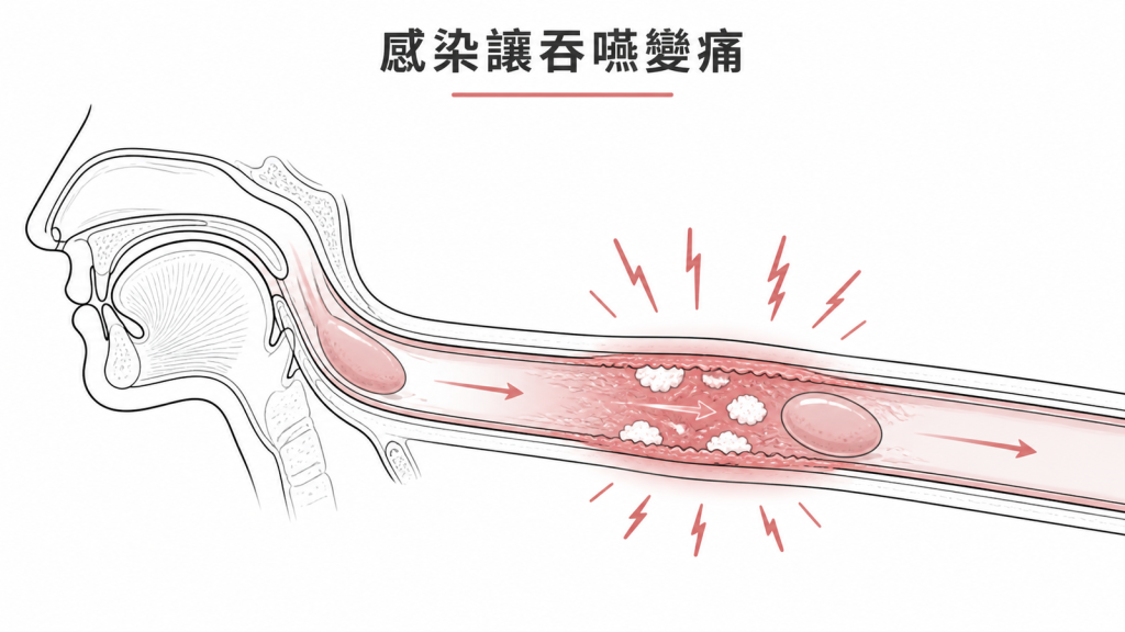 念珠菌在食道造成發炎與吞嚥疼痛示意圖