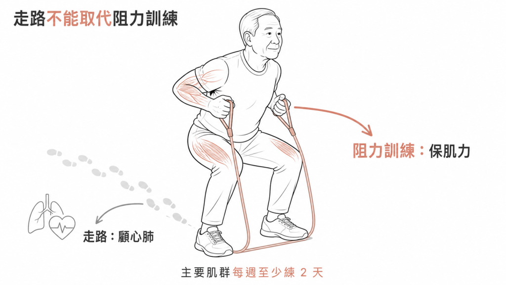 走路顧心肺但無法取代阻力訓練,主要肌群每週至少練兩天