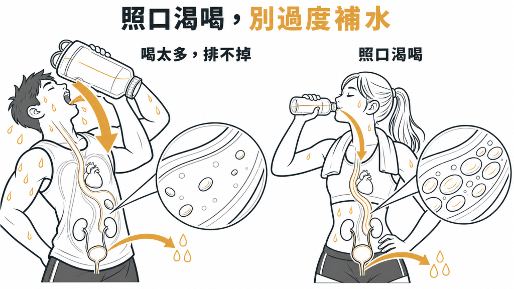 示意圖:運動時照口渴喝水,避免喝太多排不掉造成血鈉稀釋