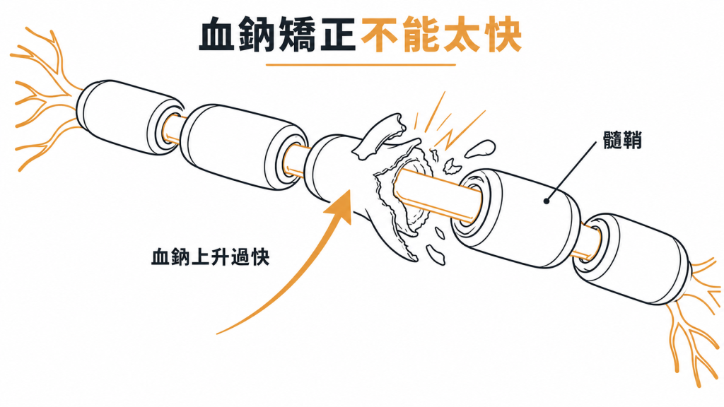 示意圖:血鈉上升過快會傷害神經髓鞘,矯正速度必須設上限