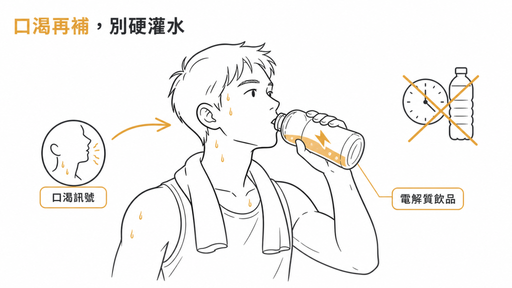 示意圖:依口渴補充電解質飲品,不照時間表定量灌水