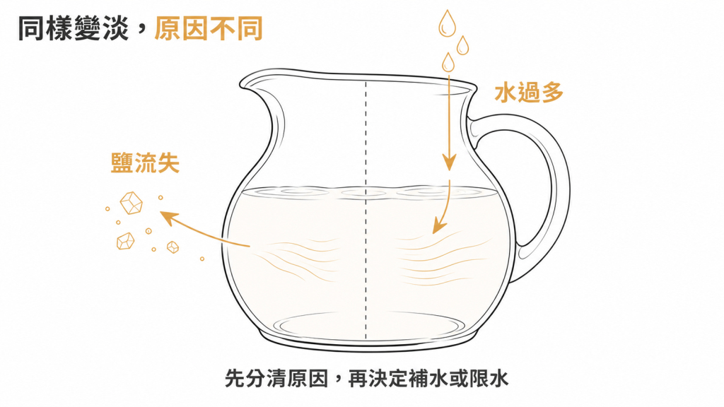 示意圖:血鈉變淡可能是鹽流失或水過多,方向不同處理也不同