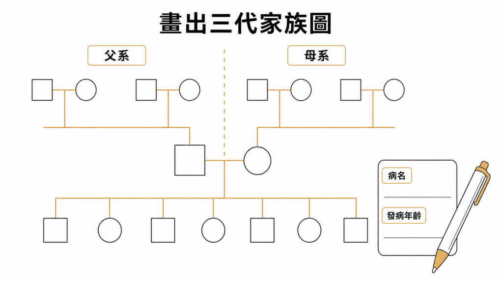 三代家族圖記錄親人病名、發病年齡與父母兩邊