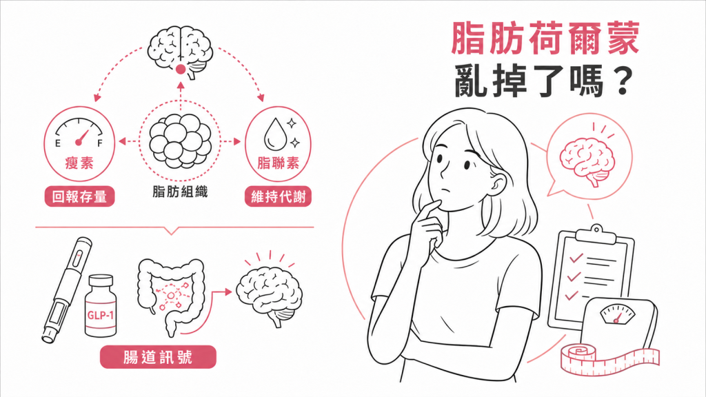 脂肪荷爾蒙、瘦素、脂聯素與腸道訊號圖解