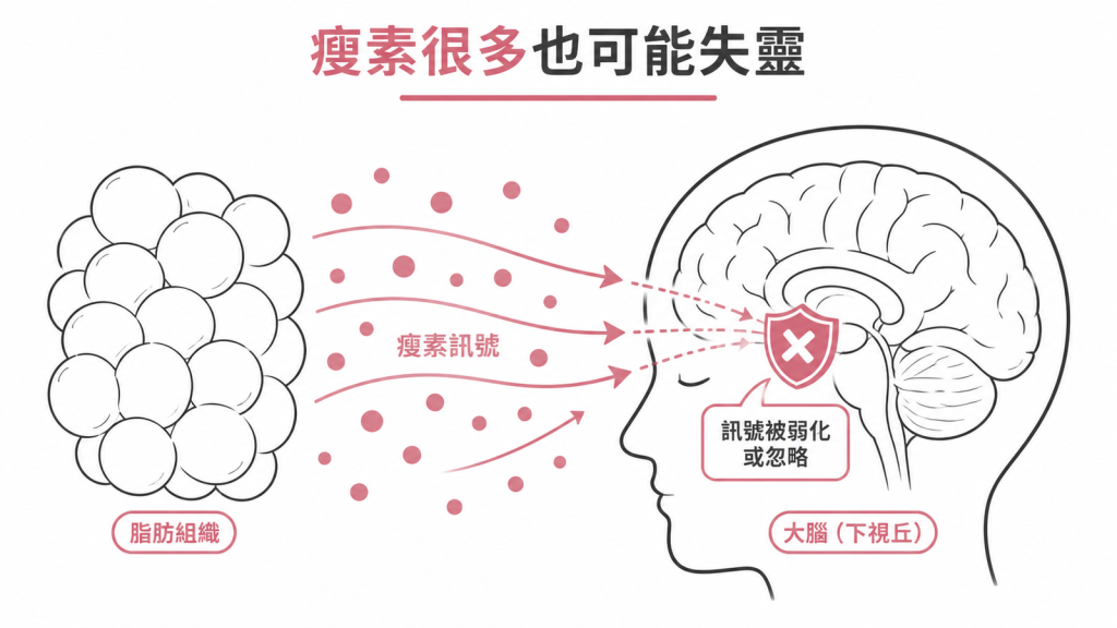 大量瘦素訊號到達大腦後被弱化或忽略的瘦素阻抗示意圖