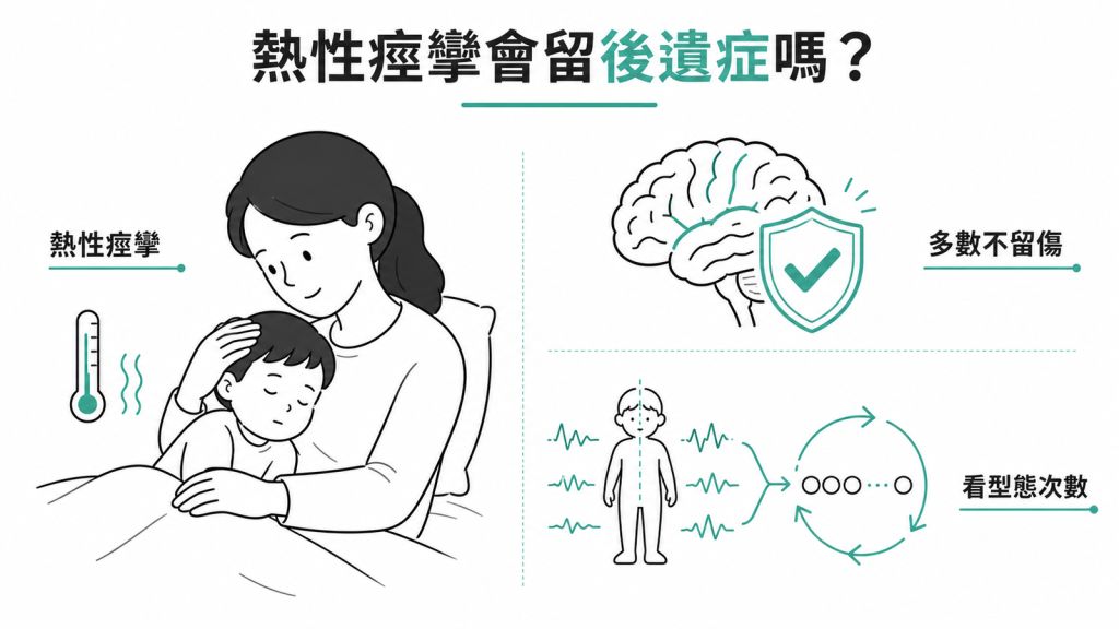 熱性痙攣會不會留後遺症示意圖:孩子發燒抽搐、多數不留下腦部傷害、風險要看發作型態與次數