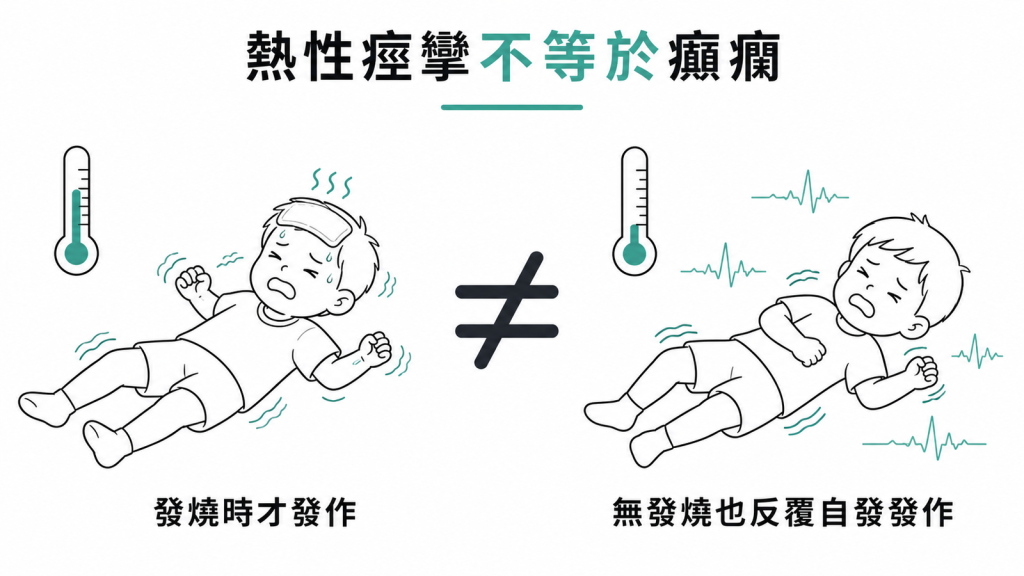 熱性痙攣不等於癲癇:熱性痙攣是發燒時才發作,癲癇是沒有發燒等誘因也反覆自發發作