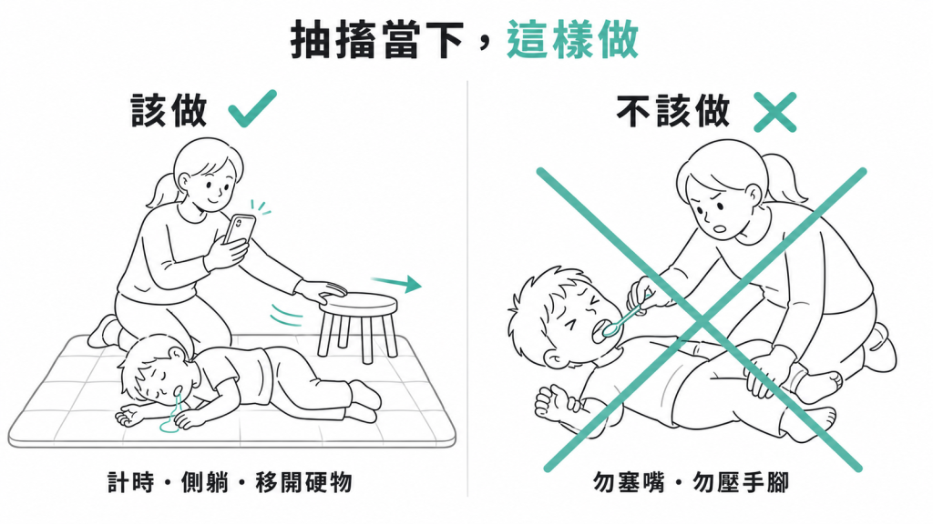 孩子抽搐當下該做與不該做:該計時、讓孩子側躺、移開硬物;不要把東西塞進嘴巴、不要按住手腳