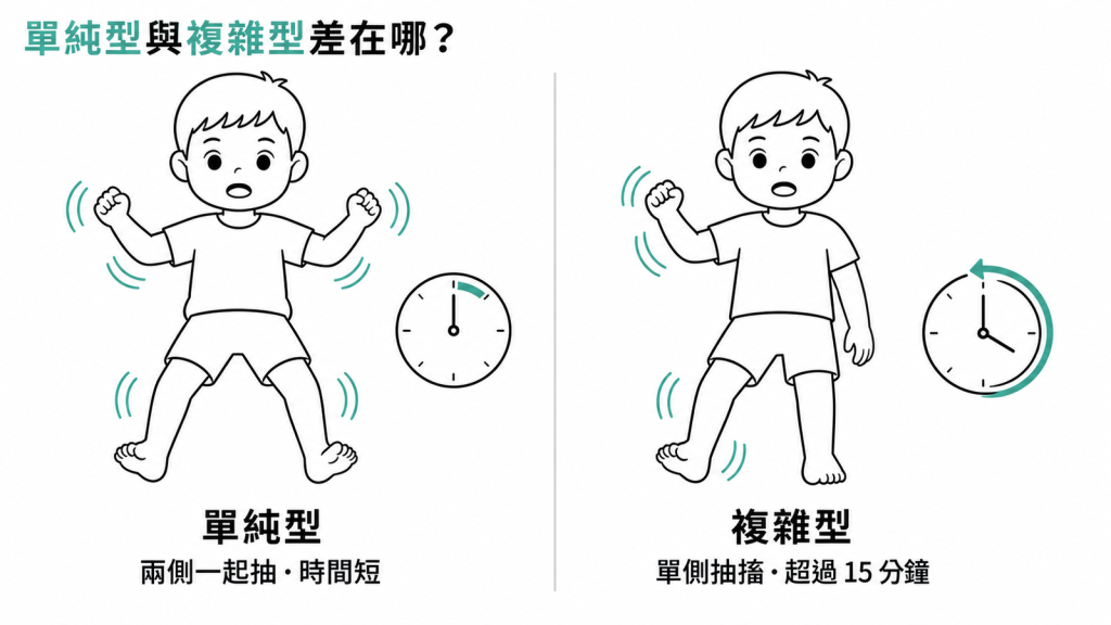 單純型與複雜型熱性痙攣的差別:單純型是兩側一起抽、時間短;複雜型是單側抽搐或超過 15 分鐘