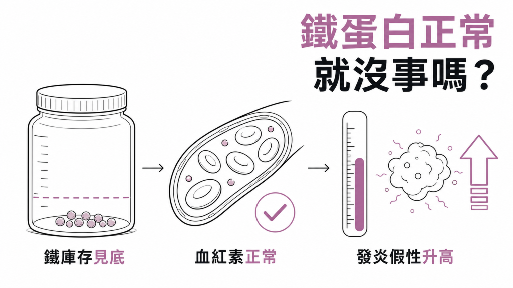 鐵蛋白正常就沒事嗎?鐵庫存見底、血紅素正常、發炎會讓鐵蛋白假性升高的三段流程示意圖
