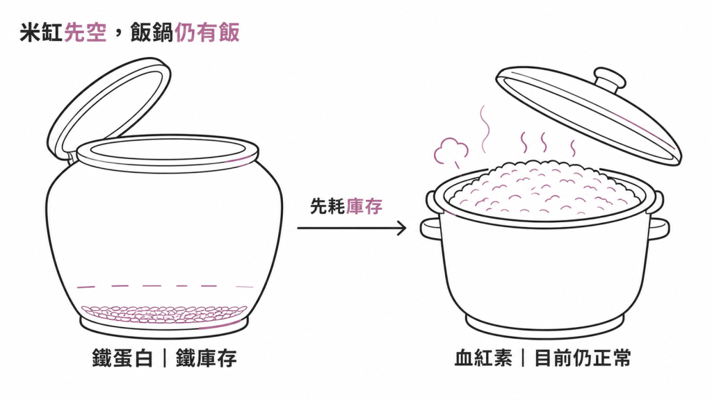 米缸先空、飯鍋仍有飯的比喻圖,說明鐵蛋白代表的鐵庫存會比血紅素更早見底