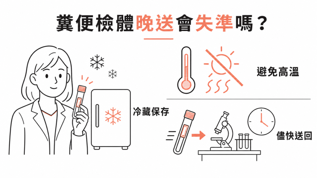 糞便潛血檢查檢體保存資訊圖:冷藏保存、避免高溫與儘快送回